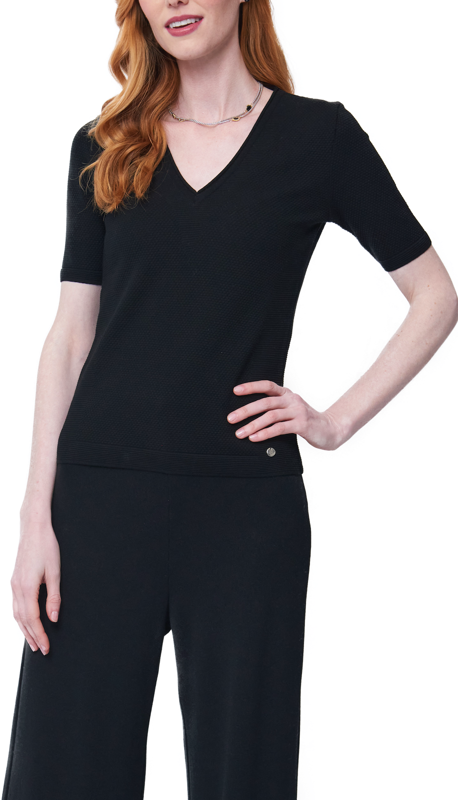 Elena V-Neck Ribbed Top; Black