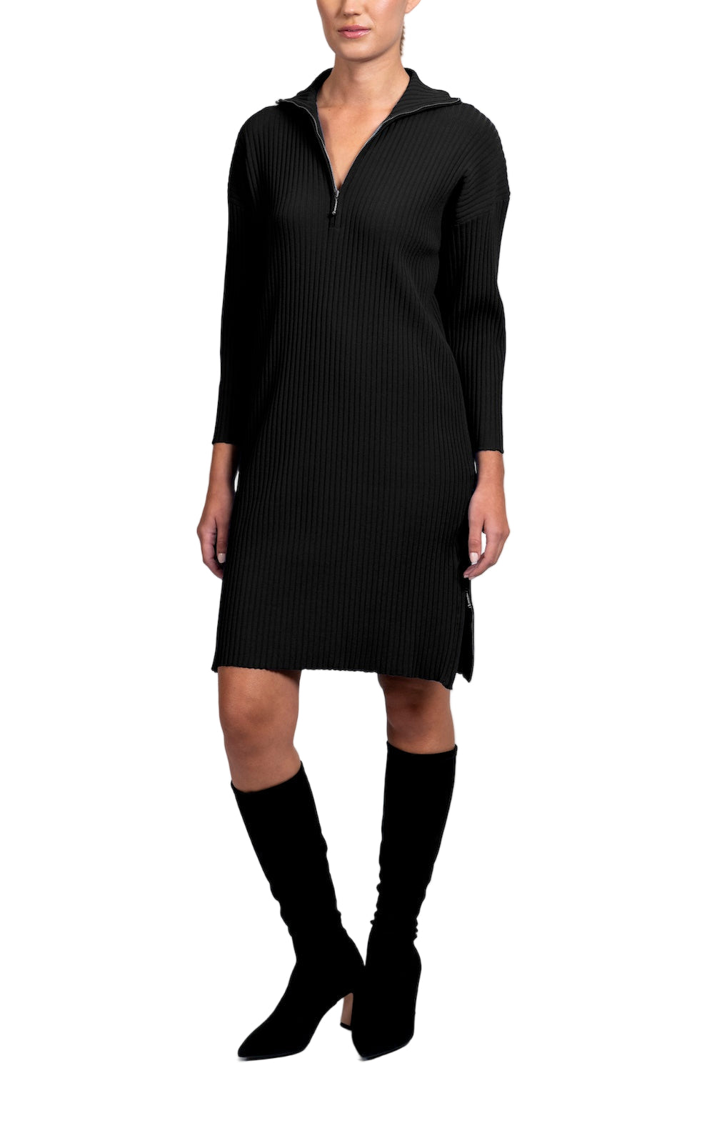 Sandy Vertical Rib-Knit Zip Up Mock Neck Sweater Dress; Black M