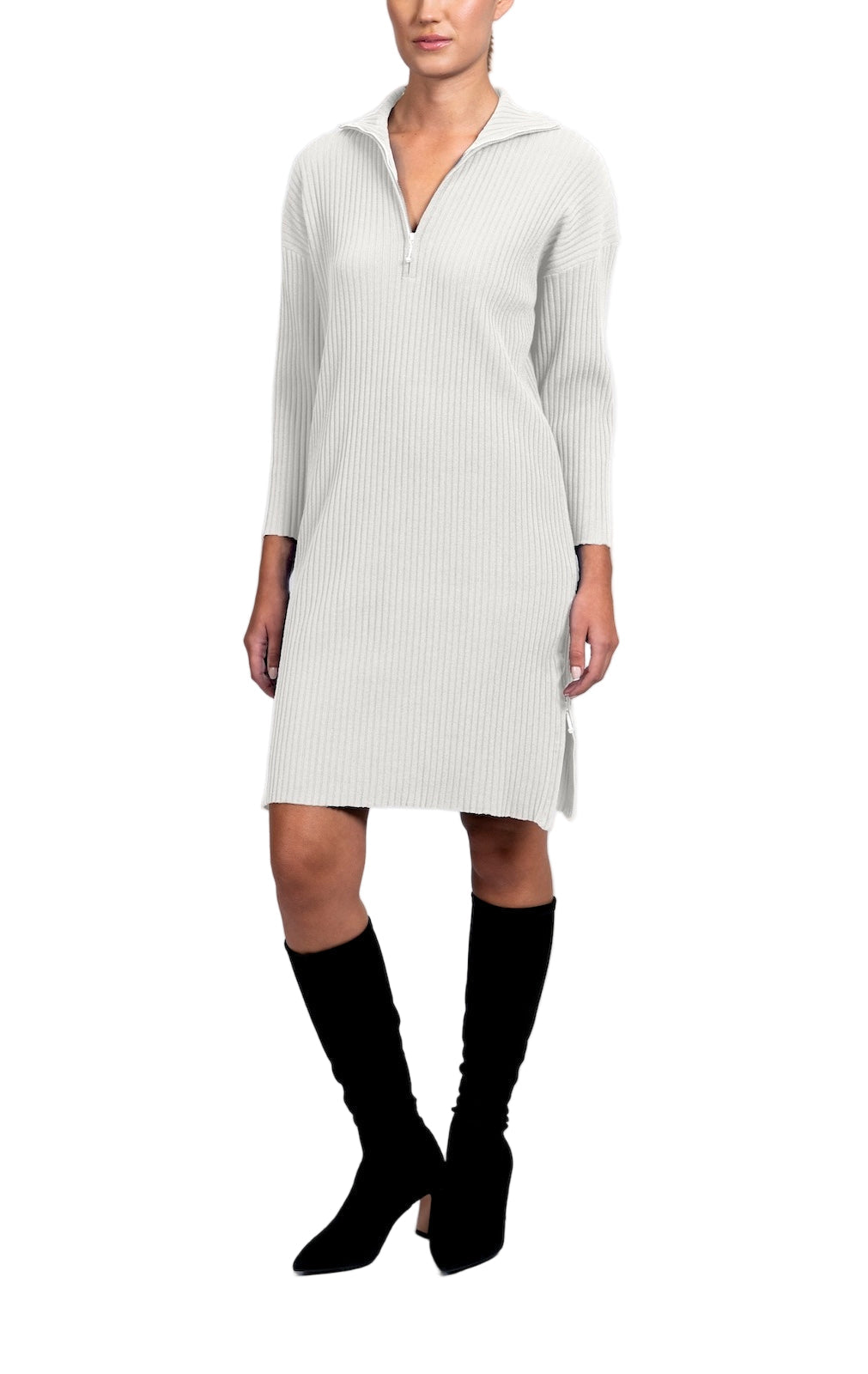 Sandy Vertical Rib-Knit Zip Up Mock Neck Sweater Dress; Winter White – Morneault's Stackpole Moore Tryon