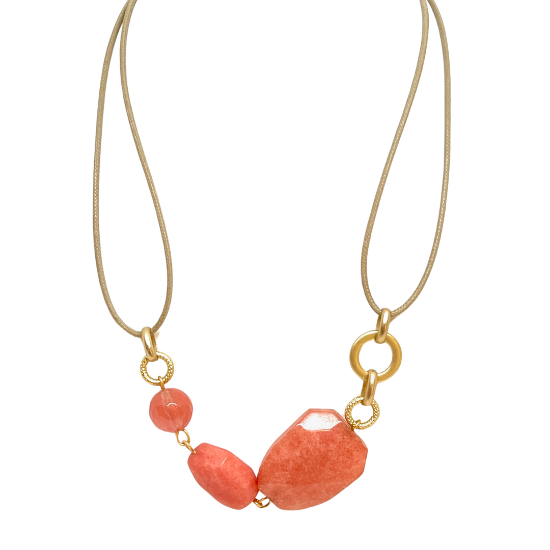 Peach Quartz 3 Stone Necklace On Natural Linen