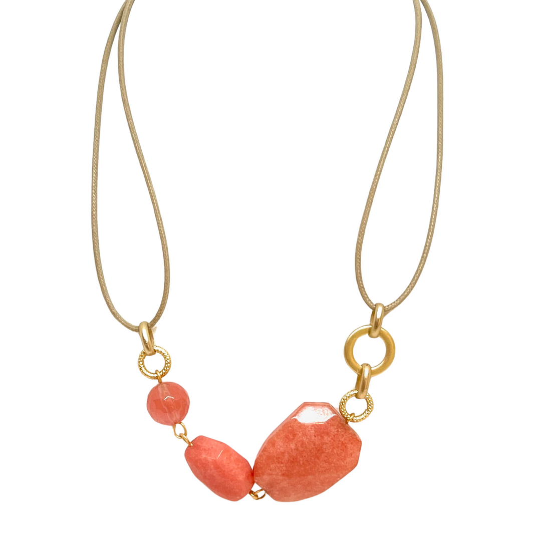 Peach Quartz 3 Stone Necklace on Natural Linen