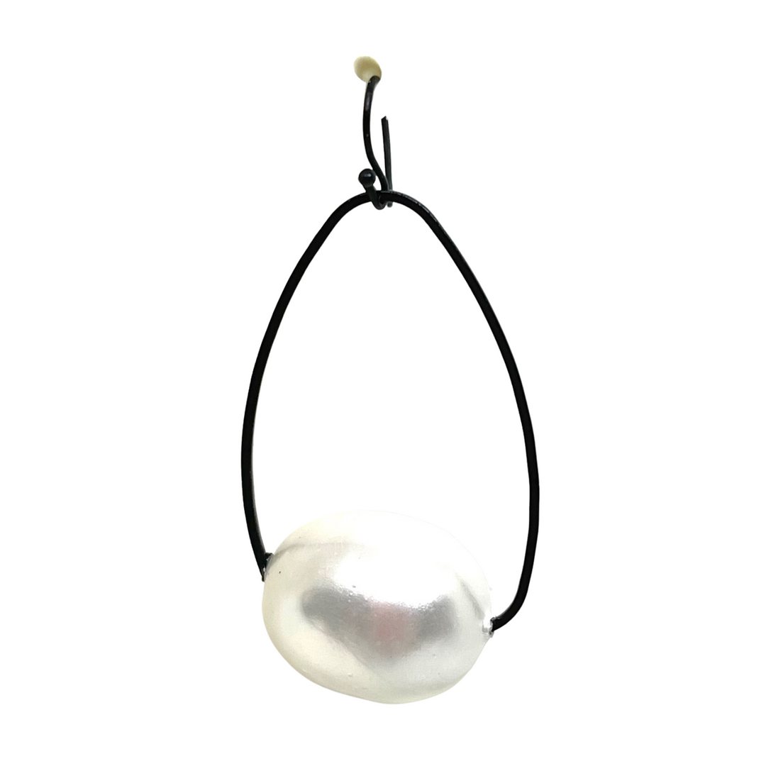Cotton Pearl Inset Matte Black Oval Hoop Earrings