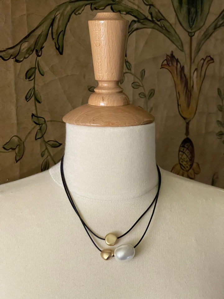 Cotton Pearl And Matte Gold Bead Waxed Black Linen Graduated Necklace