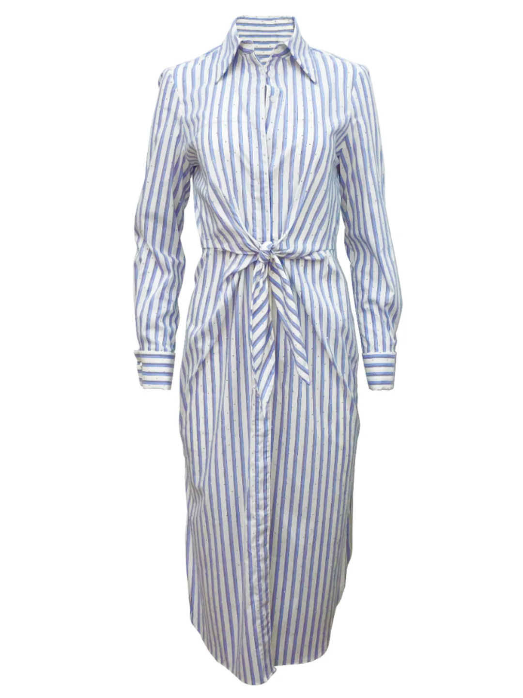 Tie Front Button Down Shirt Dress In Stripe Sparkle