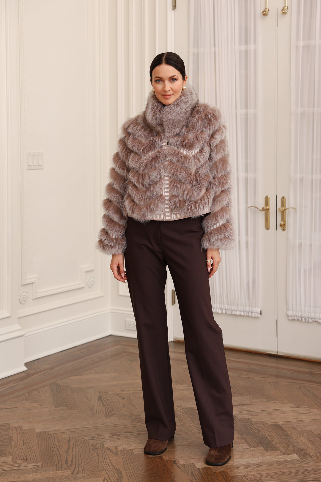 Embroidered Reversible Silk To Fox Jacket in Caffe Latte