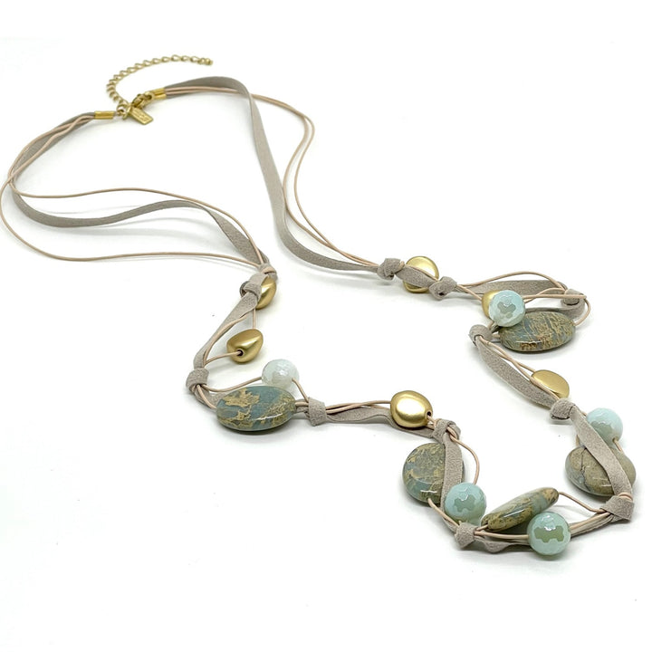 Blue Aqua Terra and Aqua Glazed Agate Matte Gold Natural Suede Layer Necklace