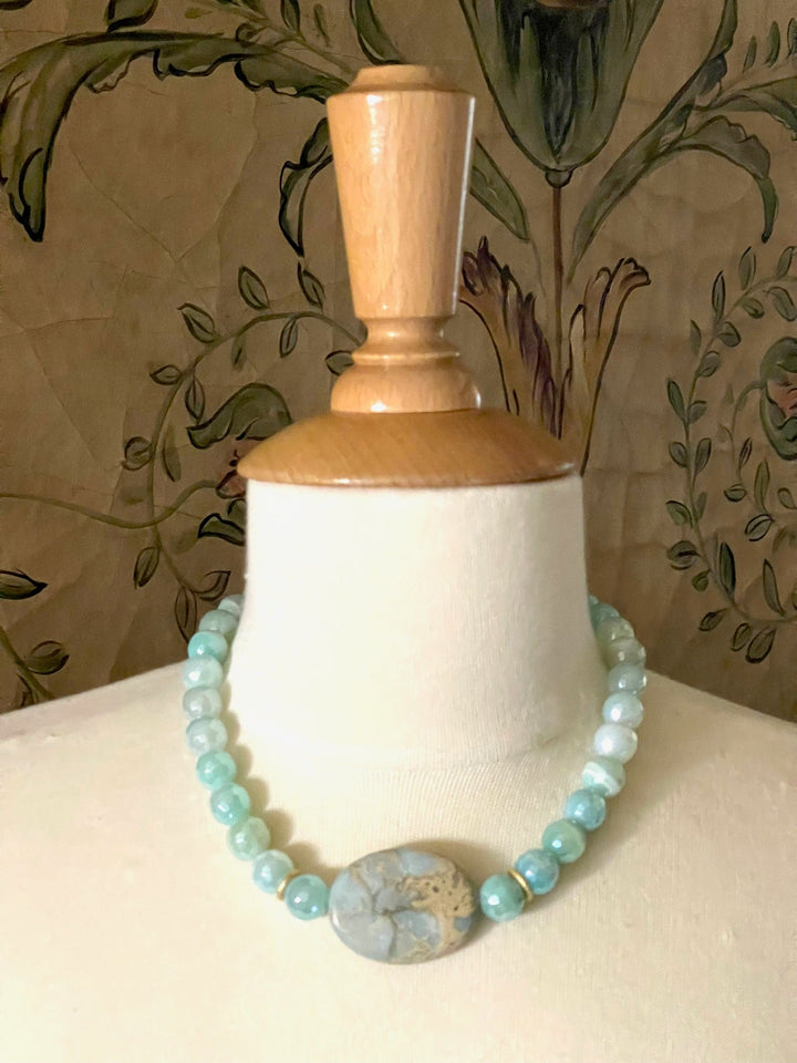 Glazed Amazonite With Blue Aqua Terra Center Stone Necklace