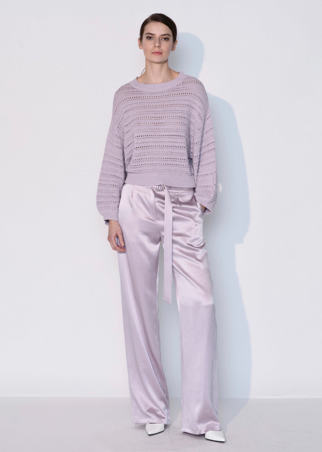 Crew Neck Open Knit Crochet Sweater In Lilac