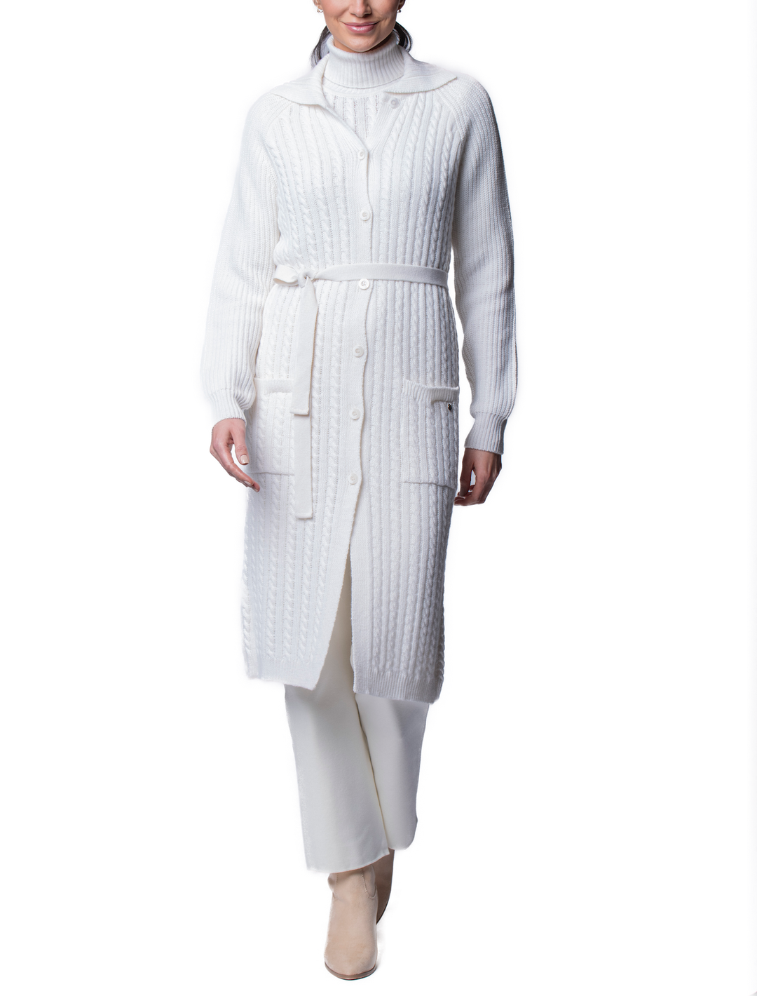 Layla Cable-Knit Belted Coat ; Winter White