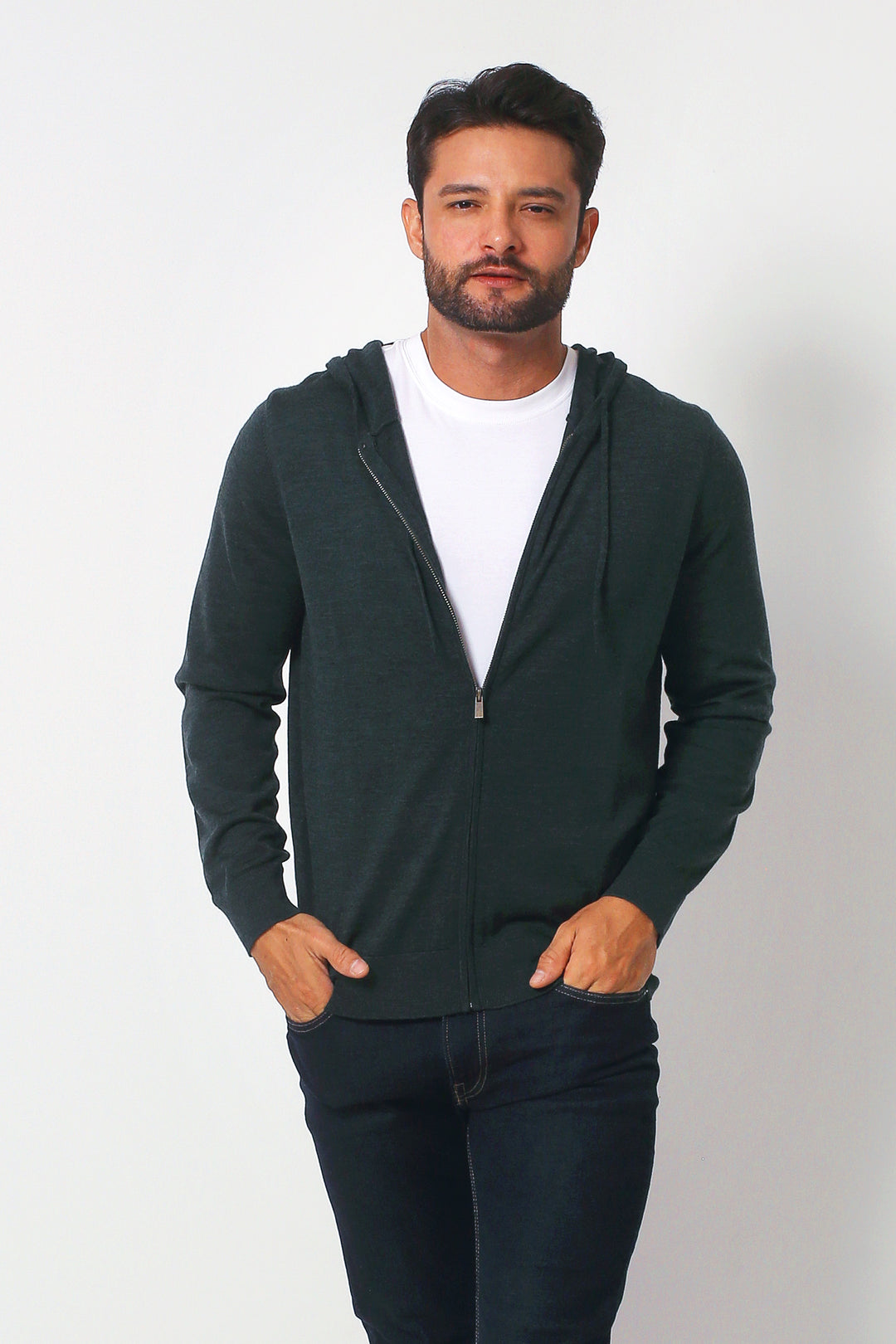Merino Wool Full Zip Hoodie Sweater - Hunter Green