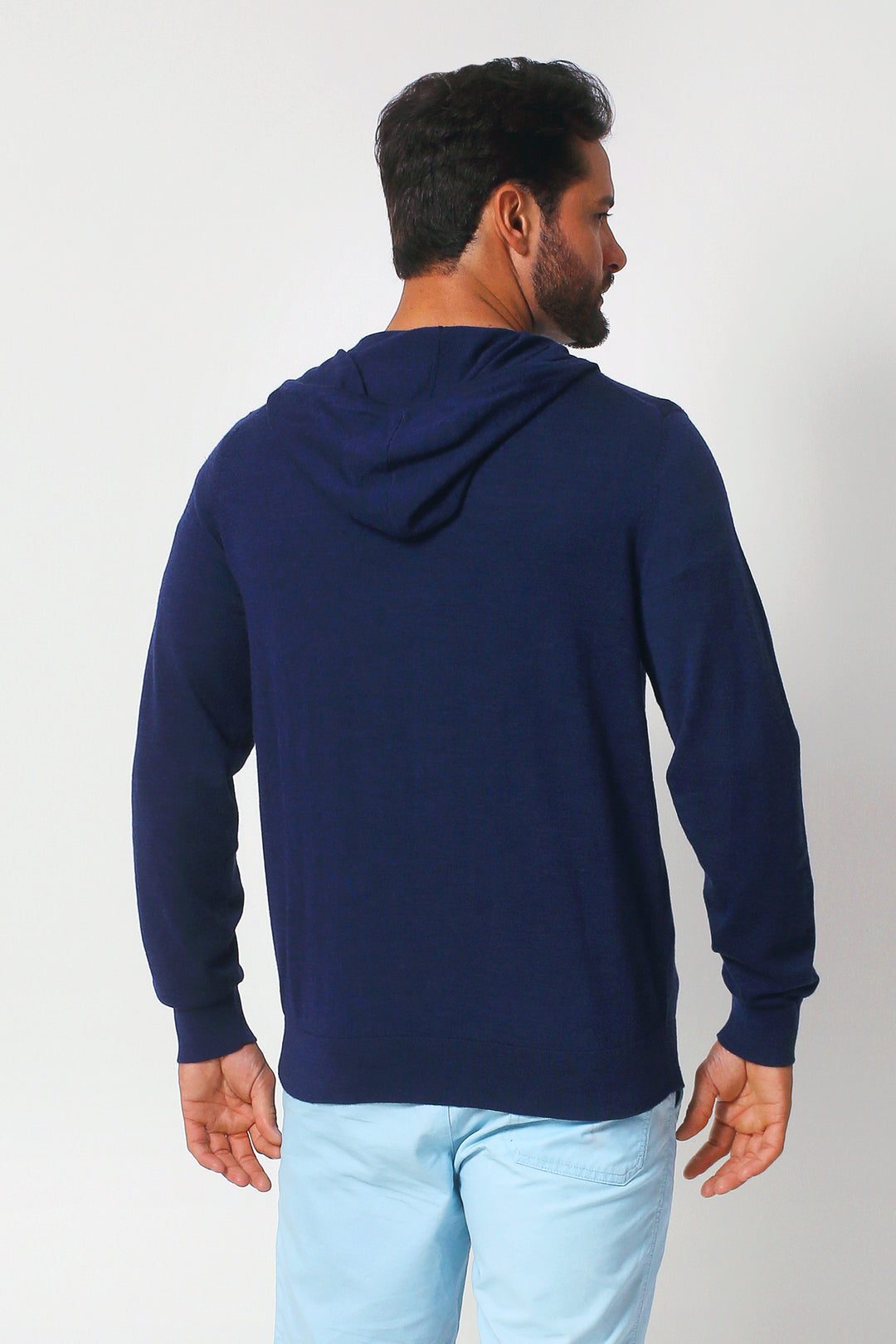 Merino Wool Full Zip Hoodie Sweater - Navy