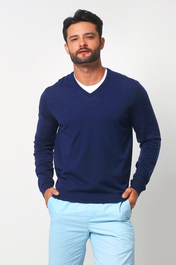 Merino Wool V-Neck Sweater - Navy
