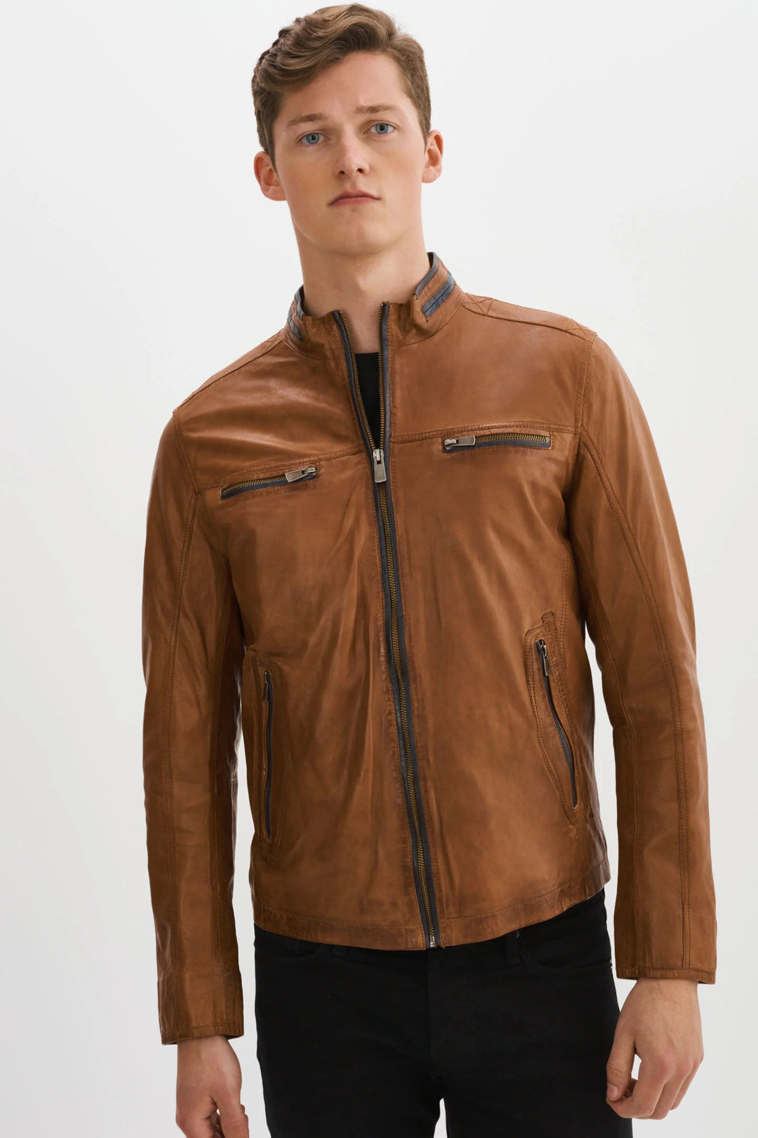 NASH LEATHER JACKET WITH CONTRAST PIPING