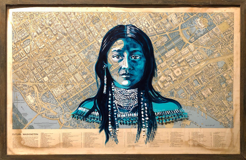 Native American Girl On Map Acrylic Portrait