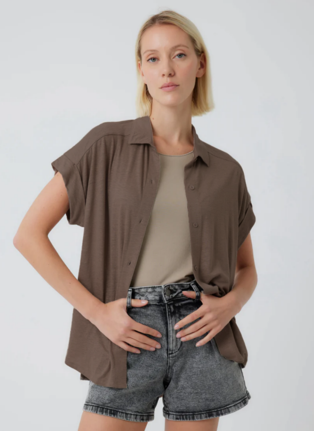 Stretch Linen Short Sleeve Shirt with Rolled Cuff