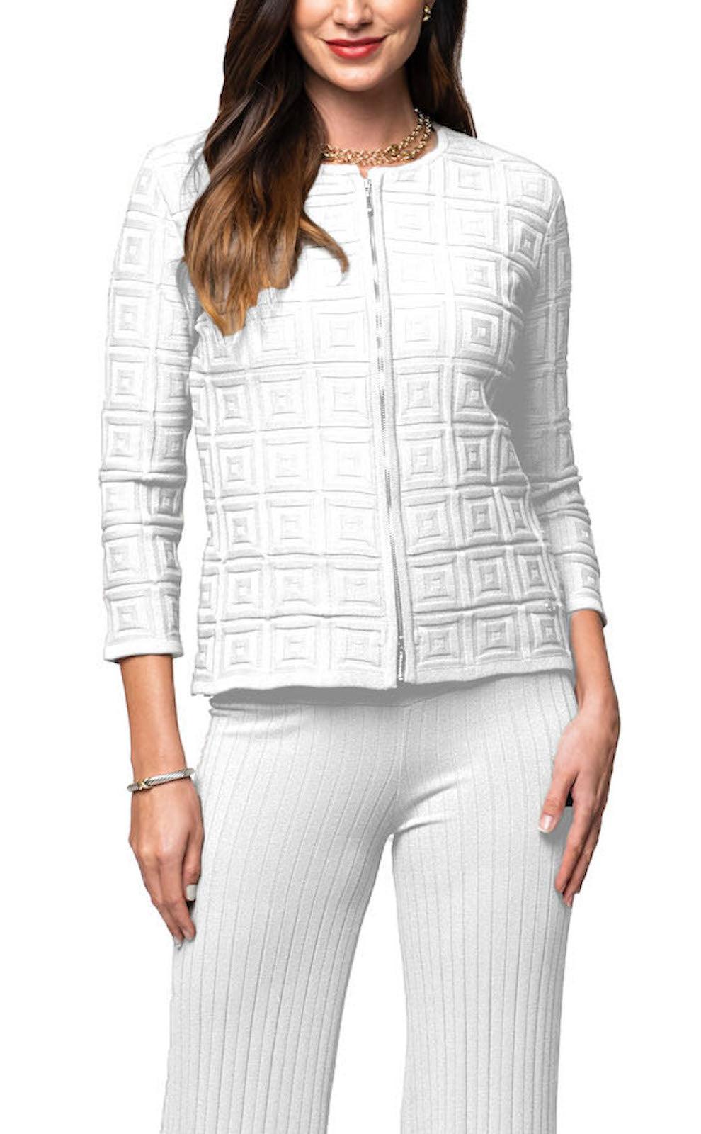 Zia Square-Detail Knit Jacket ; White