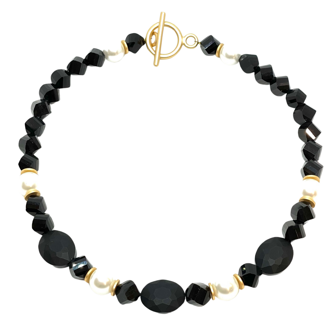 Matte Black Crystal, Pearl, and Black Crystal Beaded Necklace