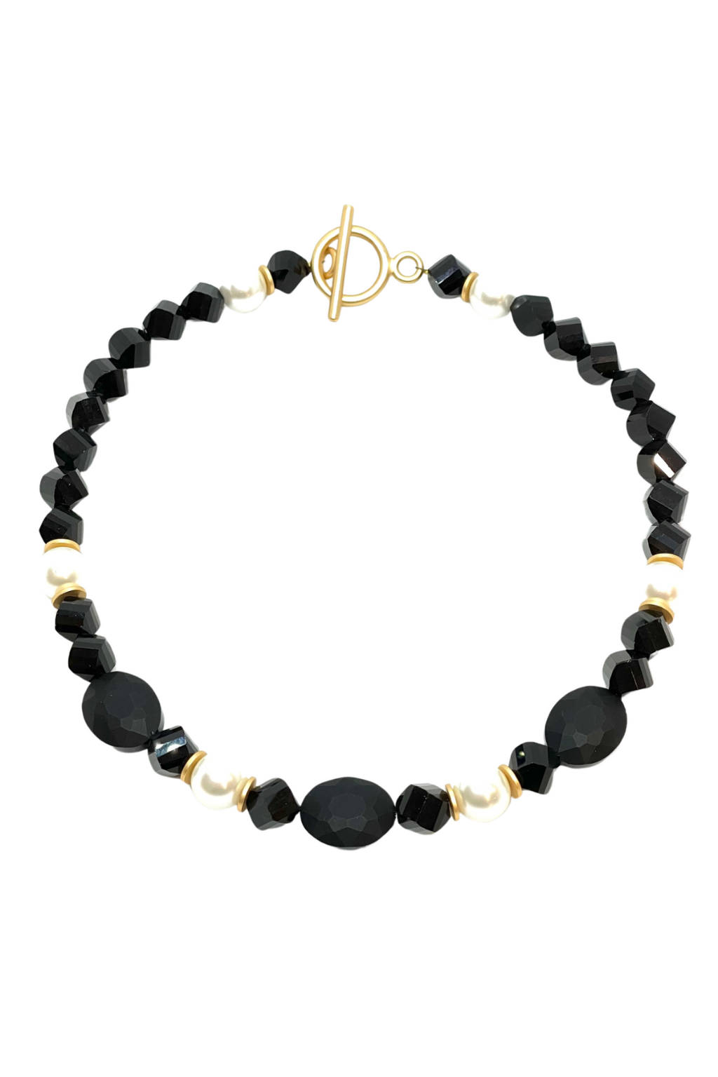 Matte Black Crystal, Pearl, and Black Crystal Beaded Necklace