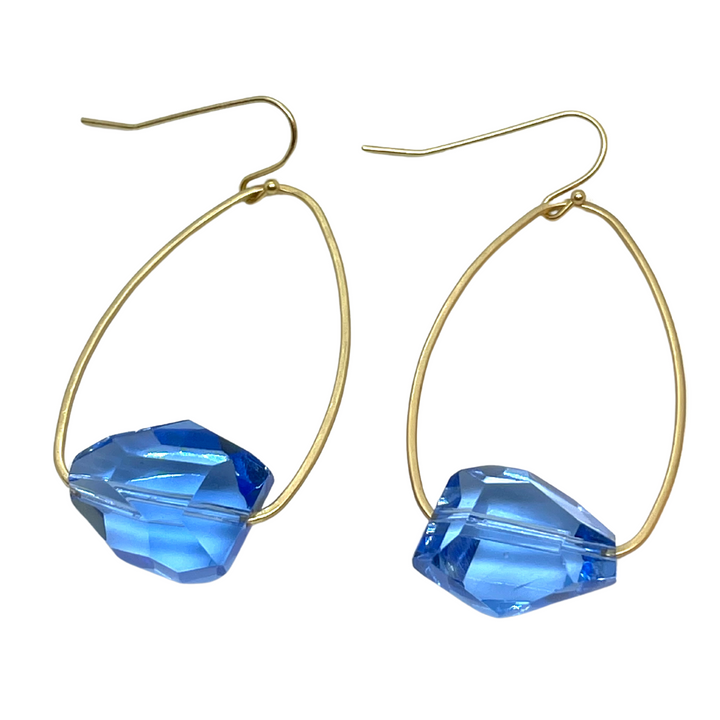 Blue Crystal Nugget in Matte Gold Inset Oval Earrings