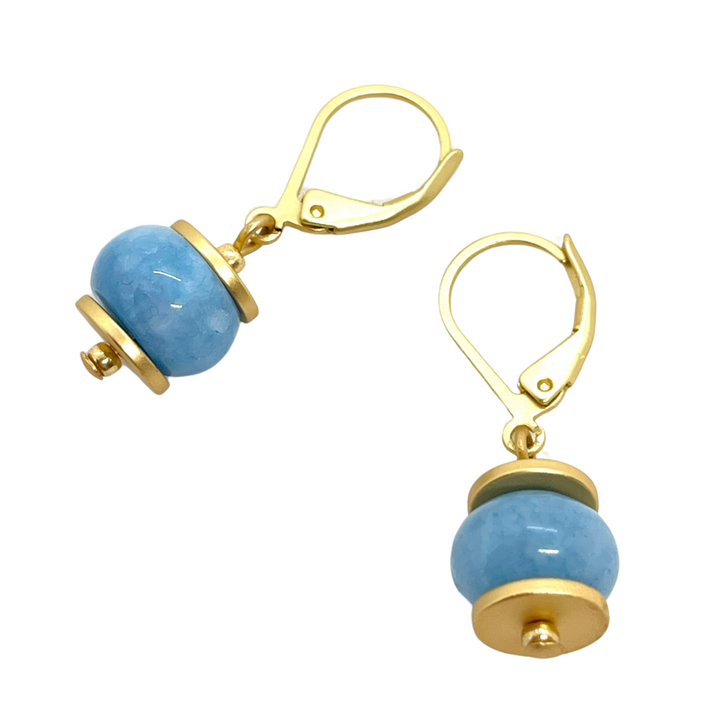 Blue Jade Rondelle With Matte Gold Saucers Earrings