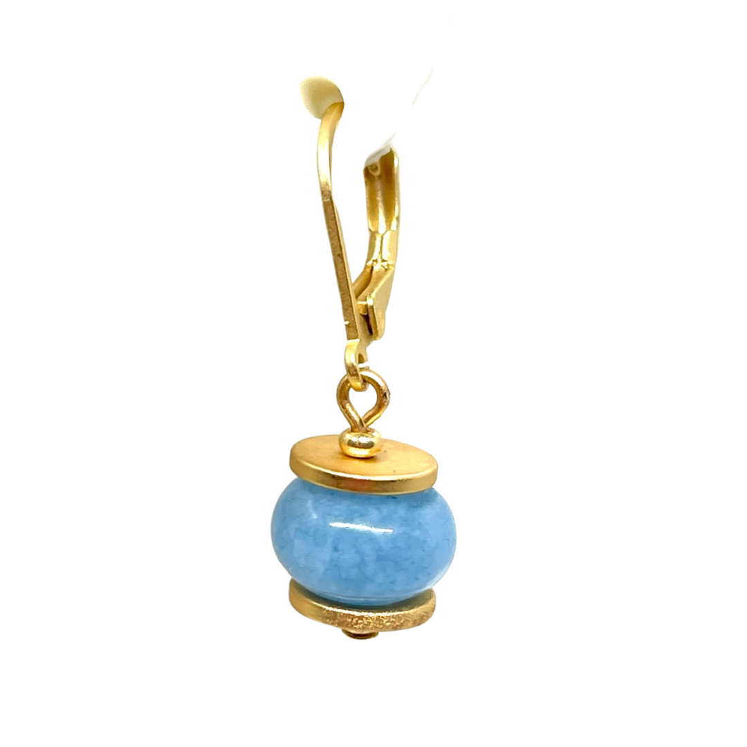 Blue Jade Rondelle With Matte Gold Saucers Earrings