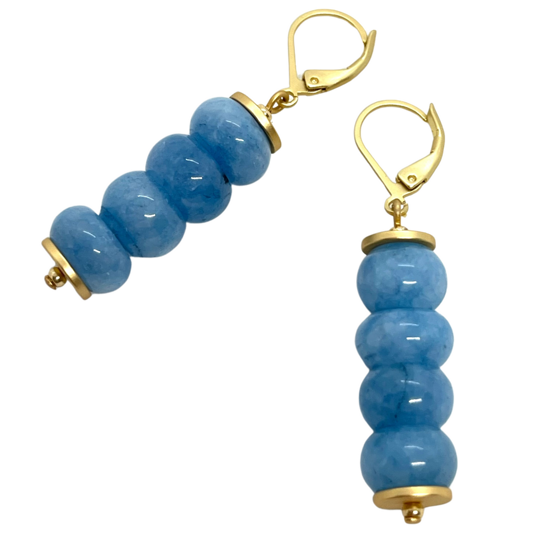 Blue Jade Rondelle Stack With Matte Gold Saucer Accents Earrings