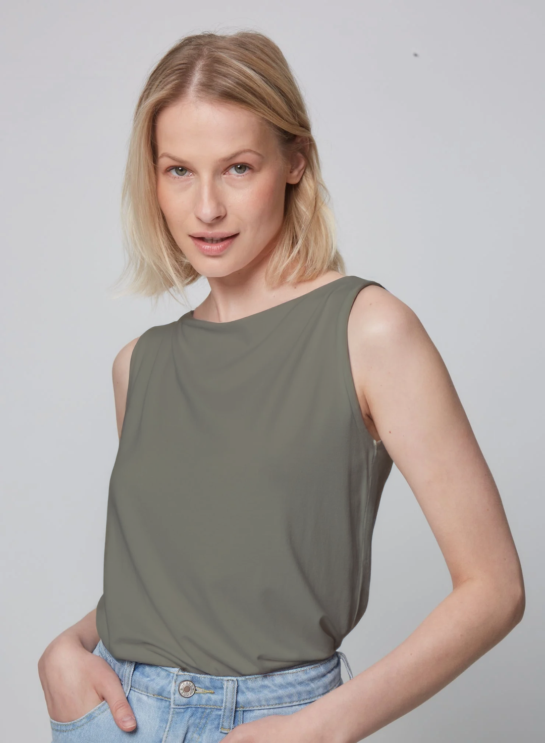 Soft Touch Semi Relaxed Boatneck Tank - Kaki Army