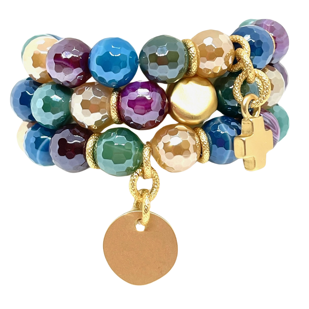 Multi Color Agate Stretch Bracelet With Matte Gold Charm Accent
