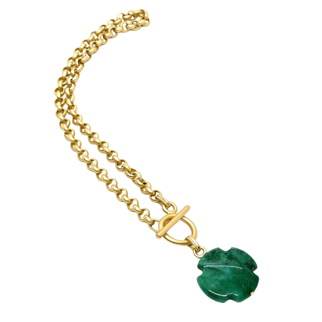 Green Aqua Terra Jasper Cross on Matte Gold Rolo Chain