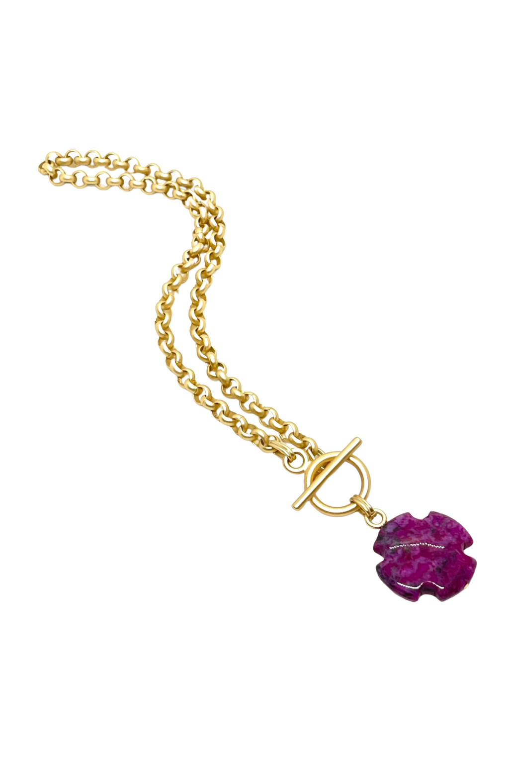 Magenta Aqua Terra Jasper Cross on Matte Gold Rolo Chain