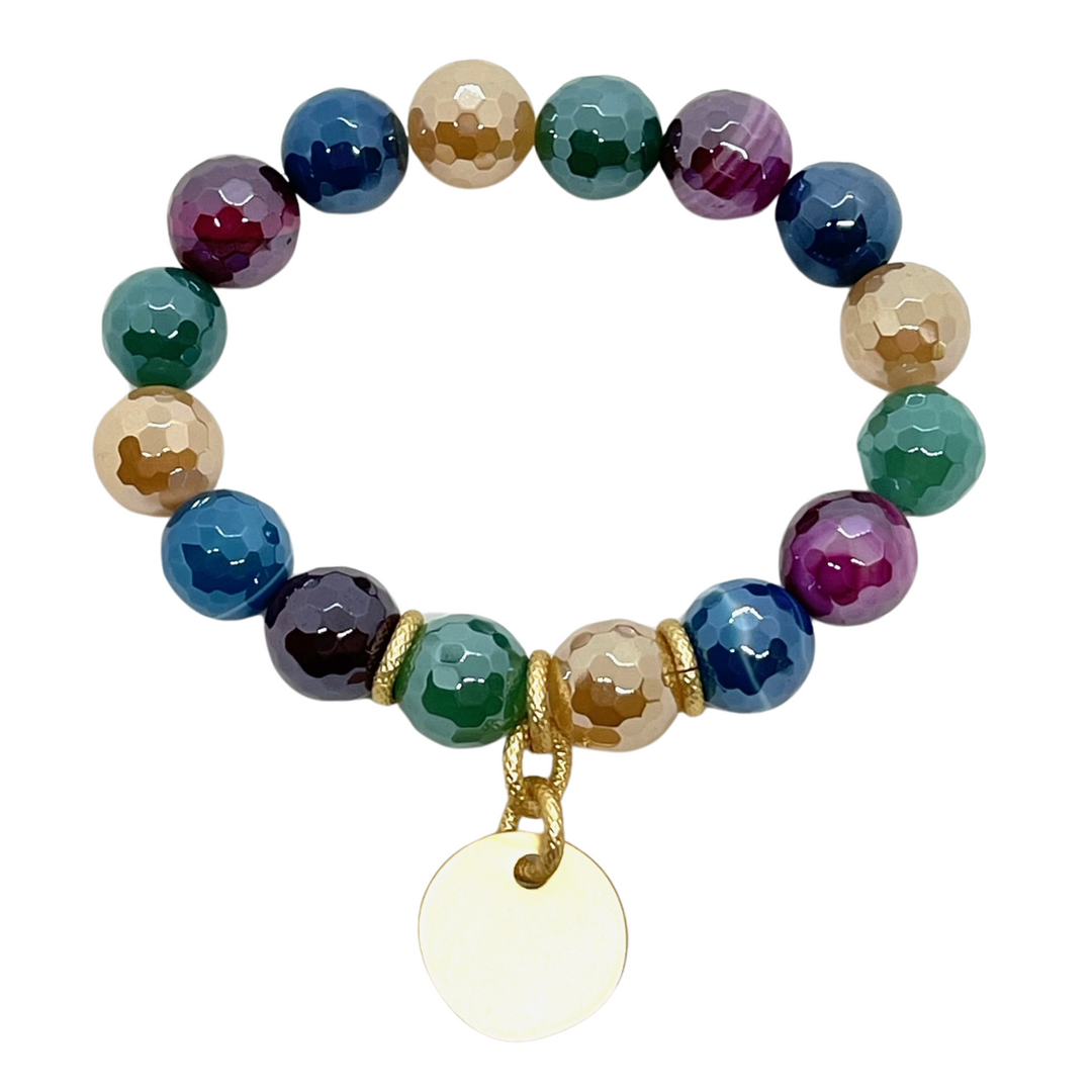 Multi Color Agate Stretch Bracelet With Matte Gold Charm Accent