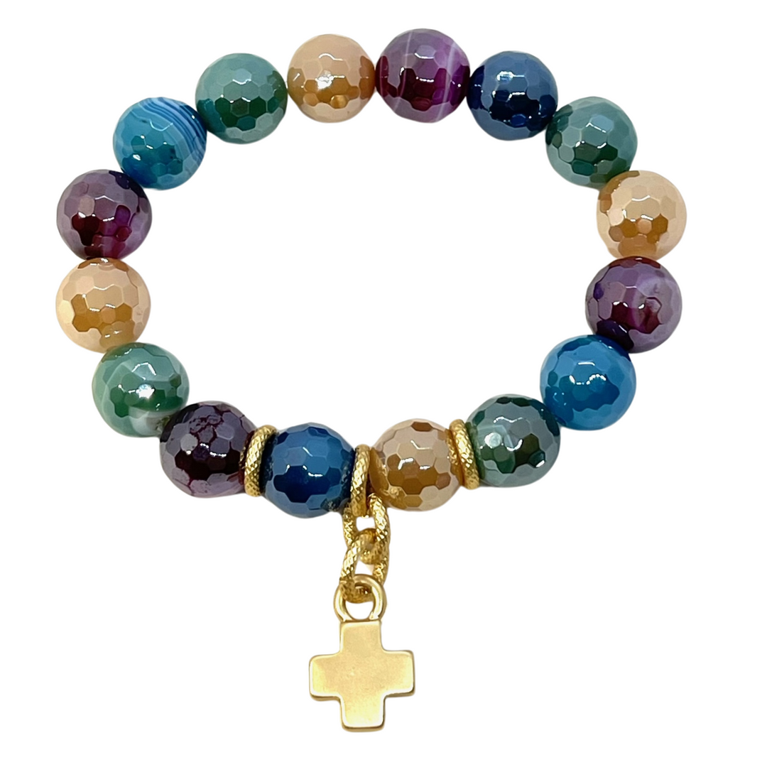 Multi Agate Stretch Bracelet With Matte Gold Cross Charm