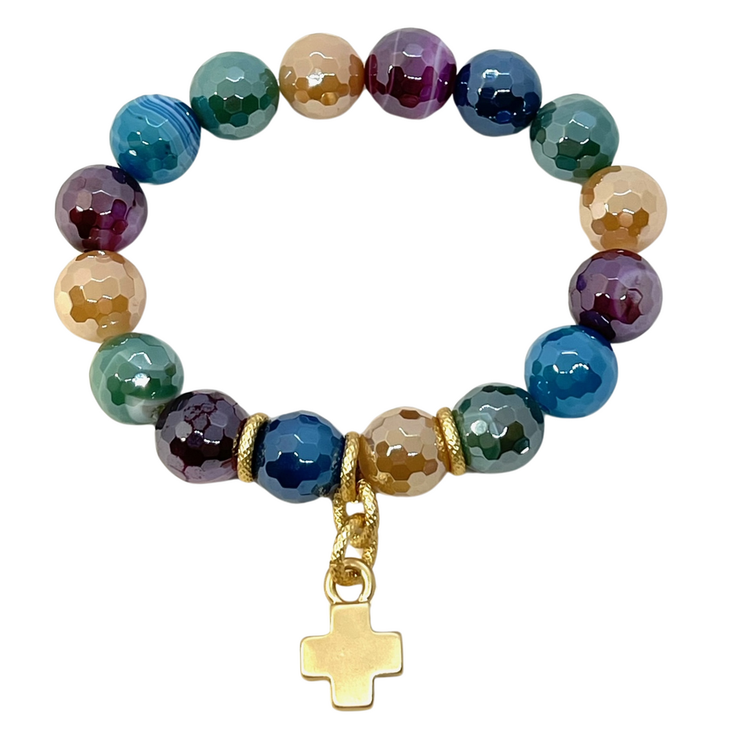 Multi Color Jasper Stretch Bracelet With Matte Gold Cross Charm