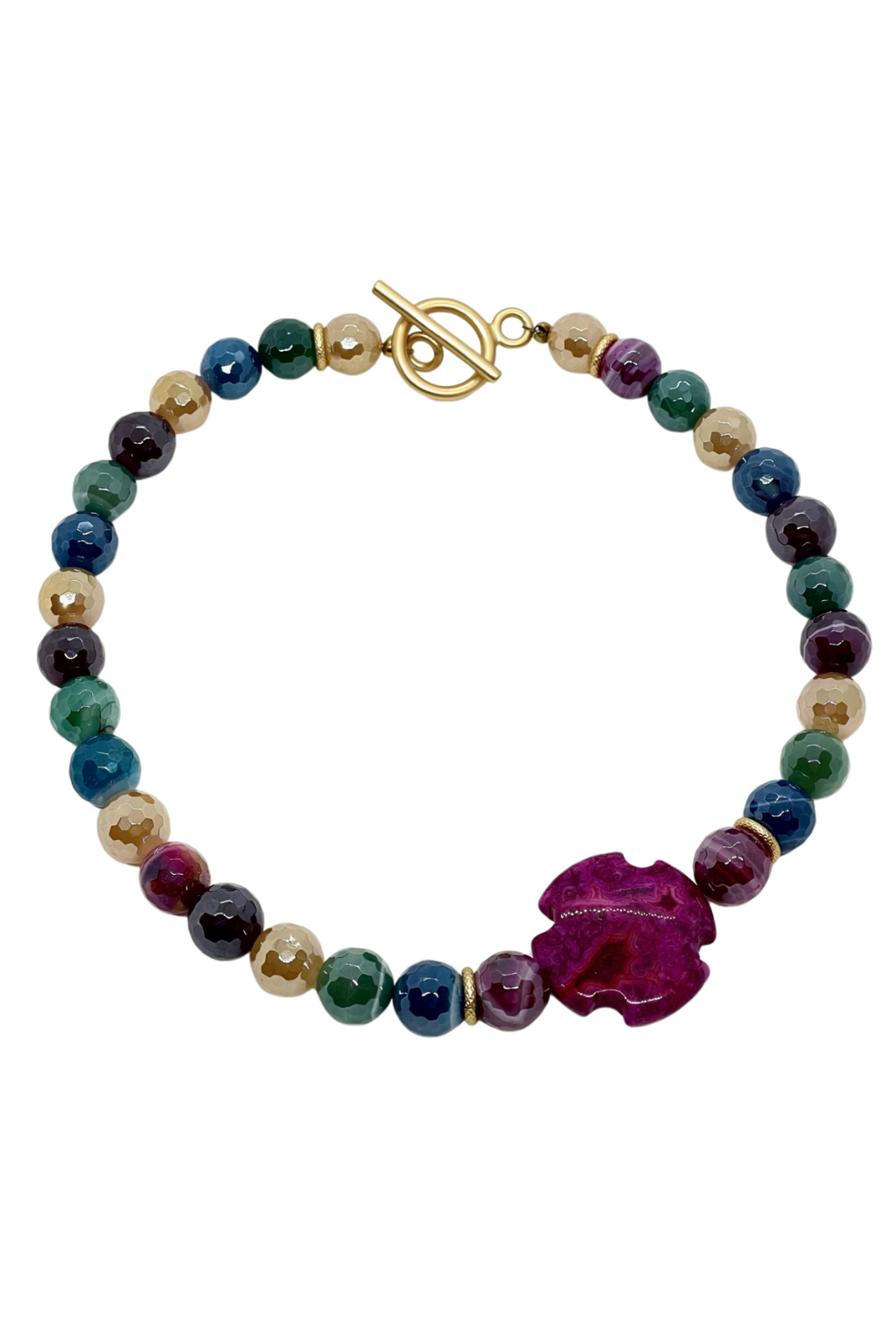 Multi Agate Beaded Necklace With Magenta Agate Cross Accent