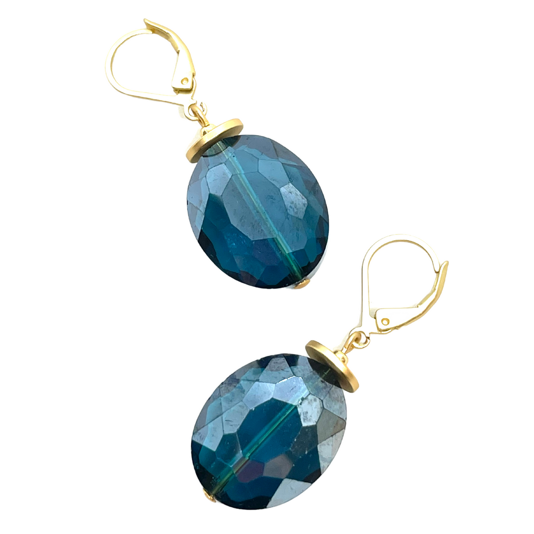 Teal Crystal Lever Back Earrings