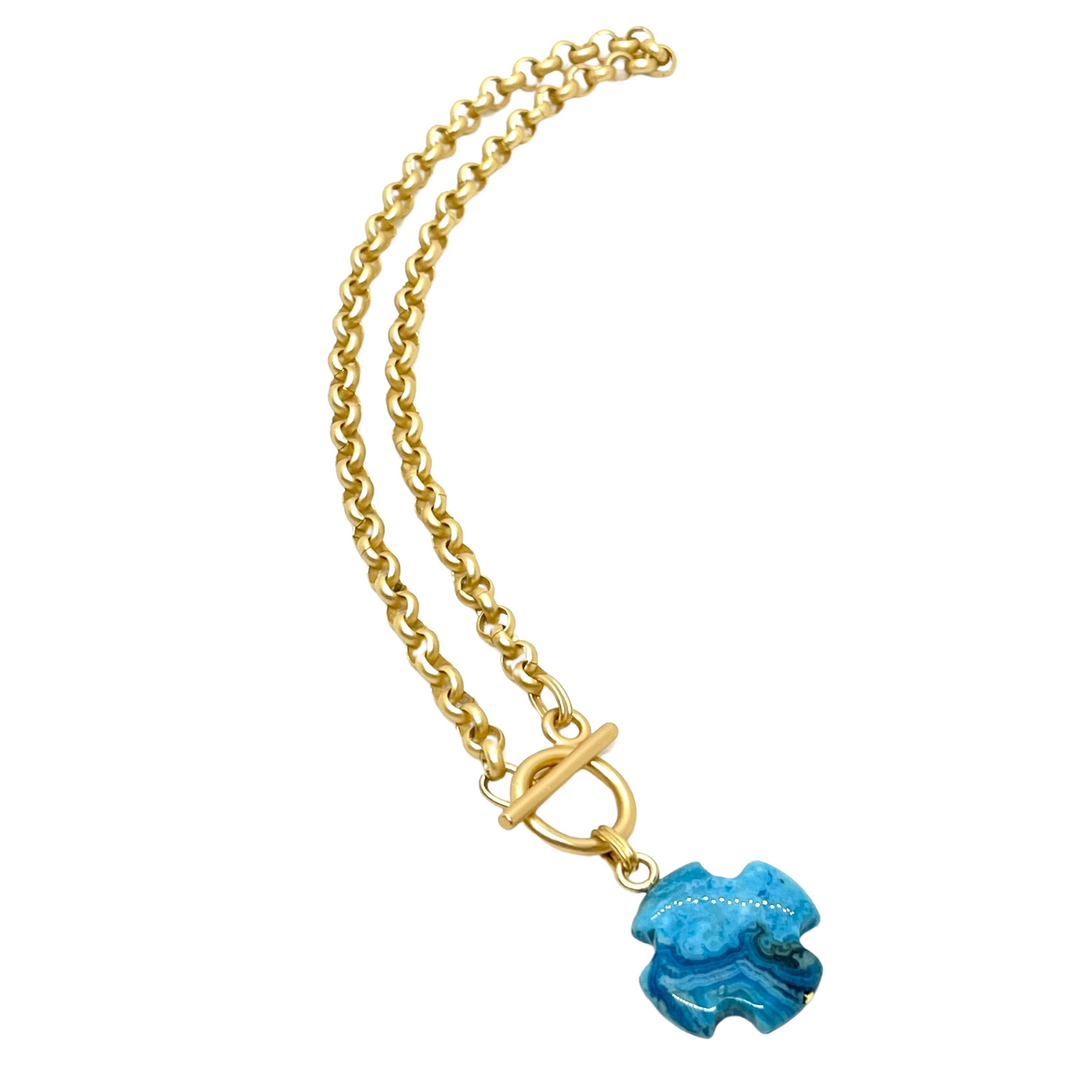 Turquoise Aqua Terra Jasper Cross On Matte Gold Rolo Chain