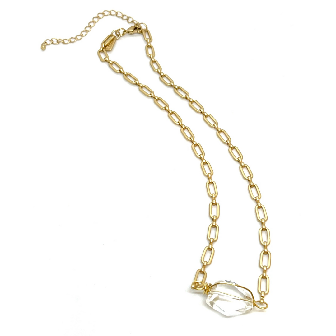 Wire Wrapped Clear Nugget Crystal on Matte Gold Paperclip Chain