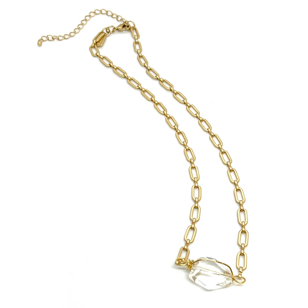 Wire Wrapped Clear Nugget Crystal On Matte Gold Paperclip Chain