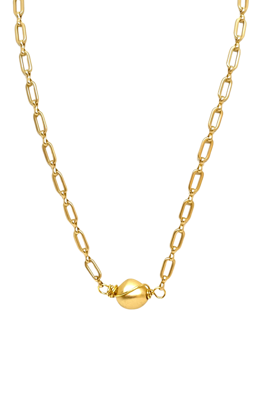 Wire Wrapped Gold Nugget On Matte Gold Paperclip Chain