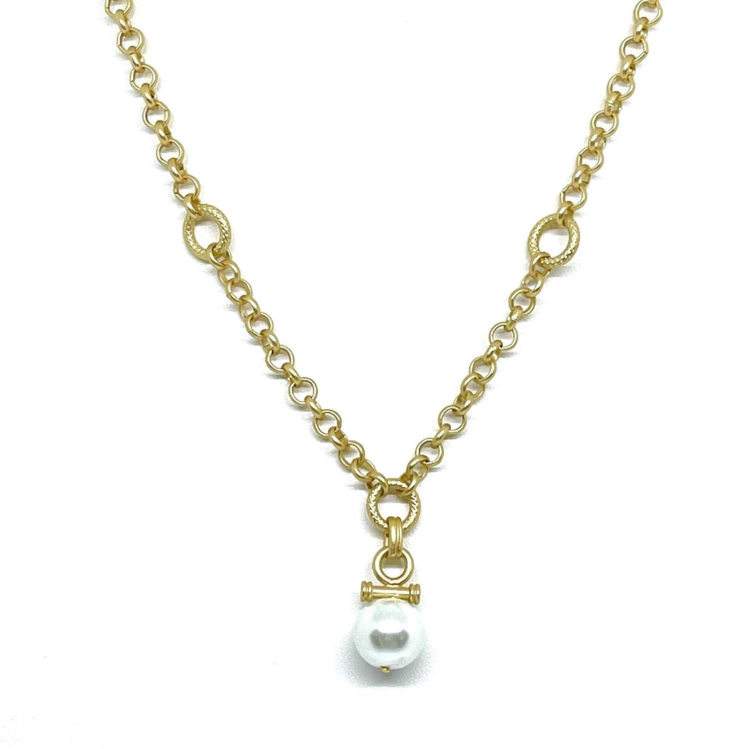 White Pearl Bar Pendant Matte Gold Chain Necklace