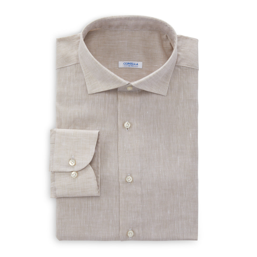Linen Spread Collar Trim Fit Shirt - Tan