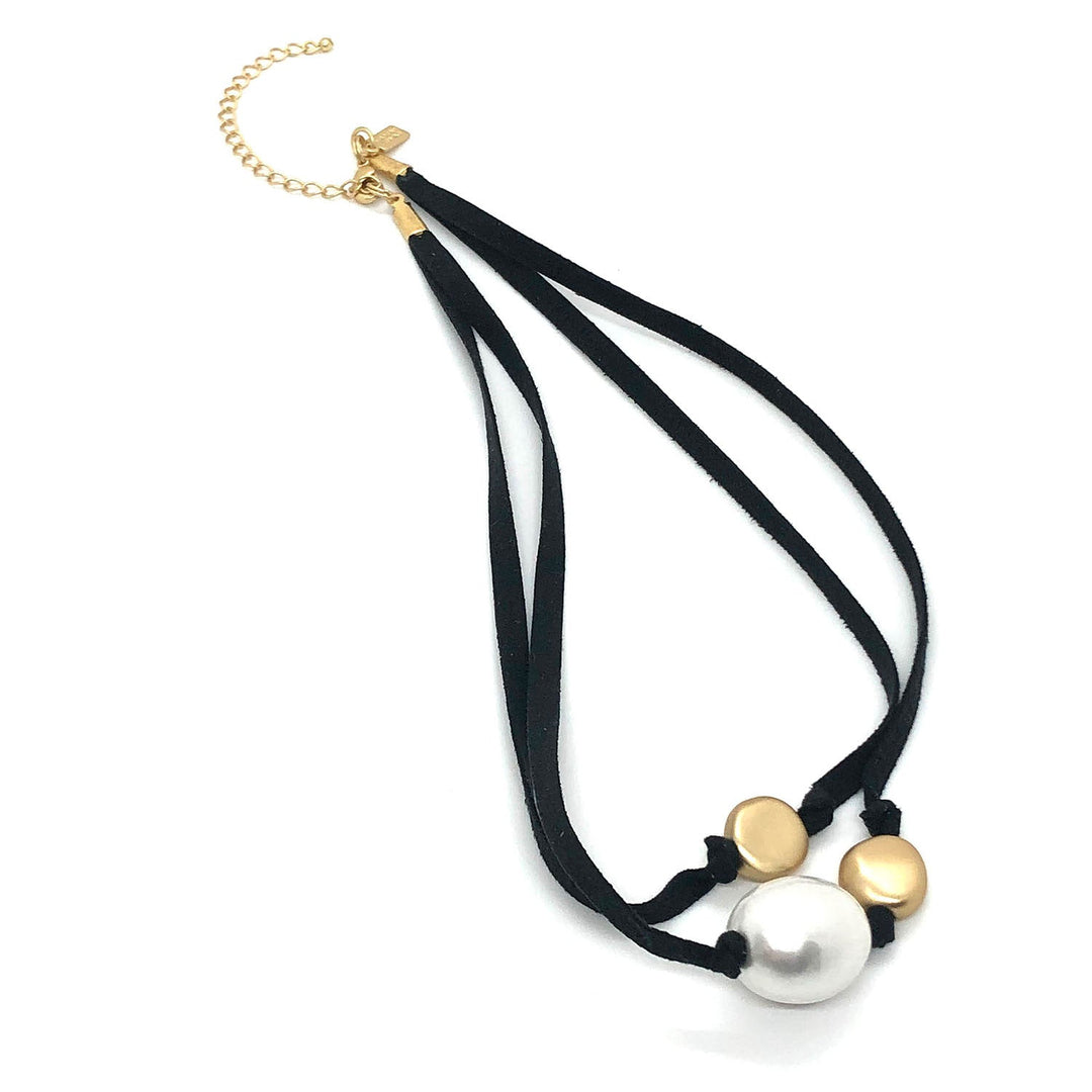 Cotton Pearl And  And Matte Gold Flat Bead 2 Strand Black Suede Necklace