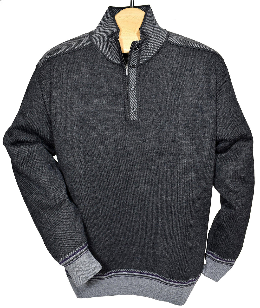 The Tresca zip mock will become your favorite item this Fall season.  An easy grey coloration with cool, contemporary detailing make this sweater an excellent choice.  Extra fine merino wool blend. Light to medium weight. Classic zip mock neck. Contrast neck and shoulder detailing update the image. Classic ribbed cuffs and waist band. Classic fit.