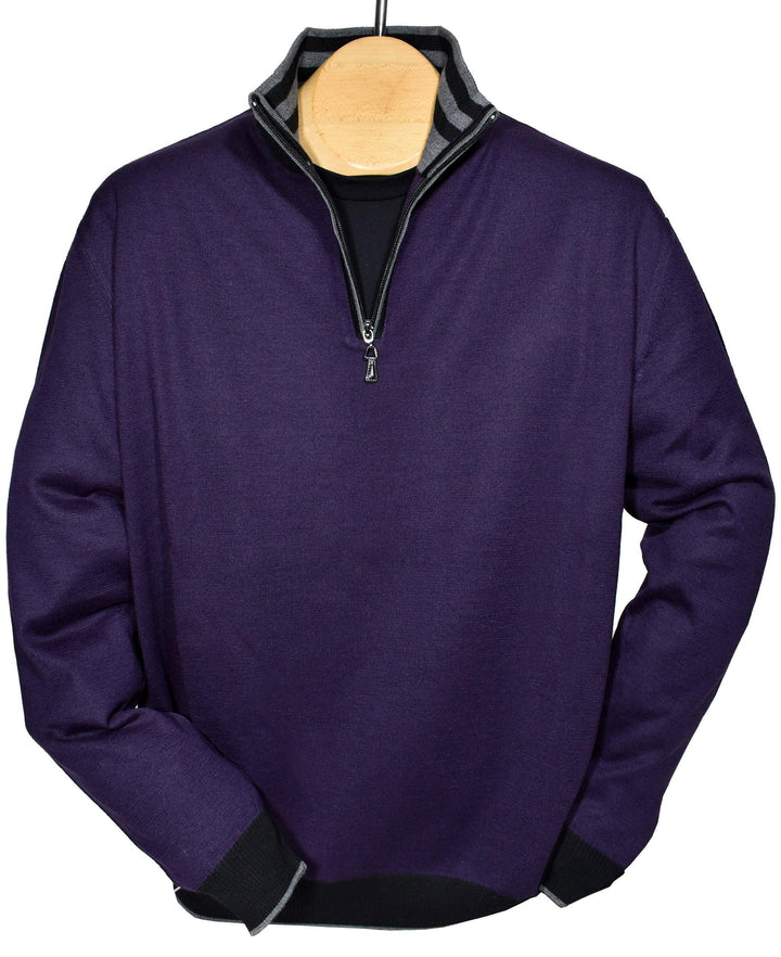 The engineered detailing, along with an outstanding light weight hand feeling, make this one of the finest zip mocks you will find.  Available in Navy or Plum.  Extra fine, lightweight, merino wool blend. Perfect weight for layering or under a sport coat. Engineered style creates a cool, contemporary image. Classic ribbed cuffs and waist band with contrast colors. Classic fit.