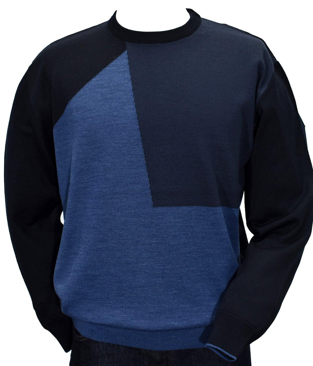 The diagonal pattern knitted in this sweater, in warm blue colorations, will be your perfect sweater to wear with jeans or different color pants.  Lightweight and soft merino wool blend. Exclusive Marcello design. Solid back and sleeves. Classic ribbed cuffs and waist band with edge contrast. Classic fit.