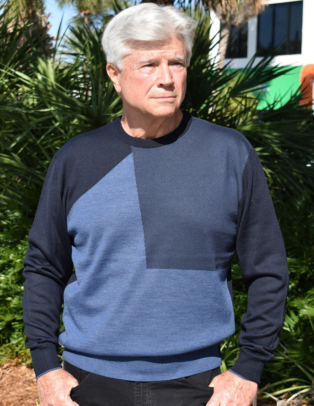 The diagonal pattern knitted in this sweater, in warm blue colorations, will be your perfect sweater to wear with jeans or different color pants. Exclusive design by Marcello Sport.  Lightweight and soft merino wool blend. Exclusive Marcello design. Solid back and sleeves. Classic ribbed cuffs and waist band with edge contrast. Classic fit.