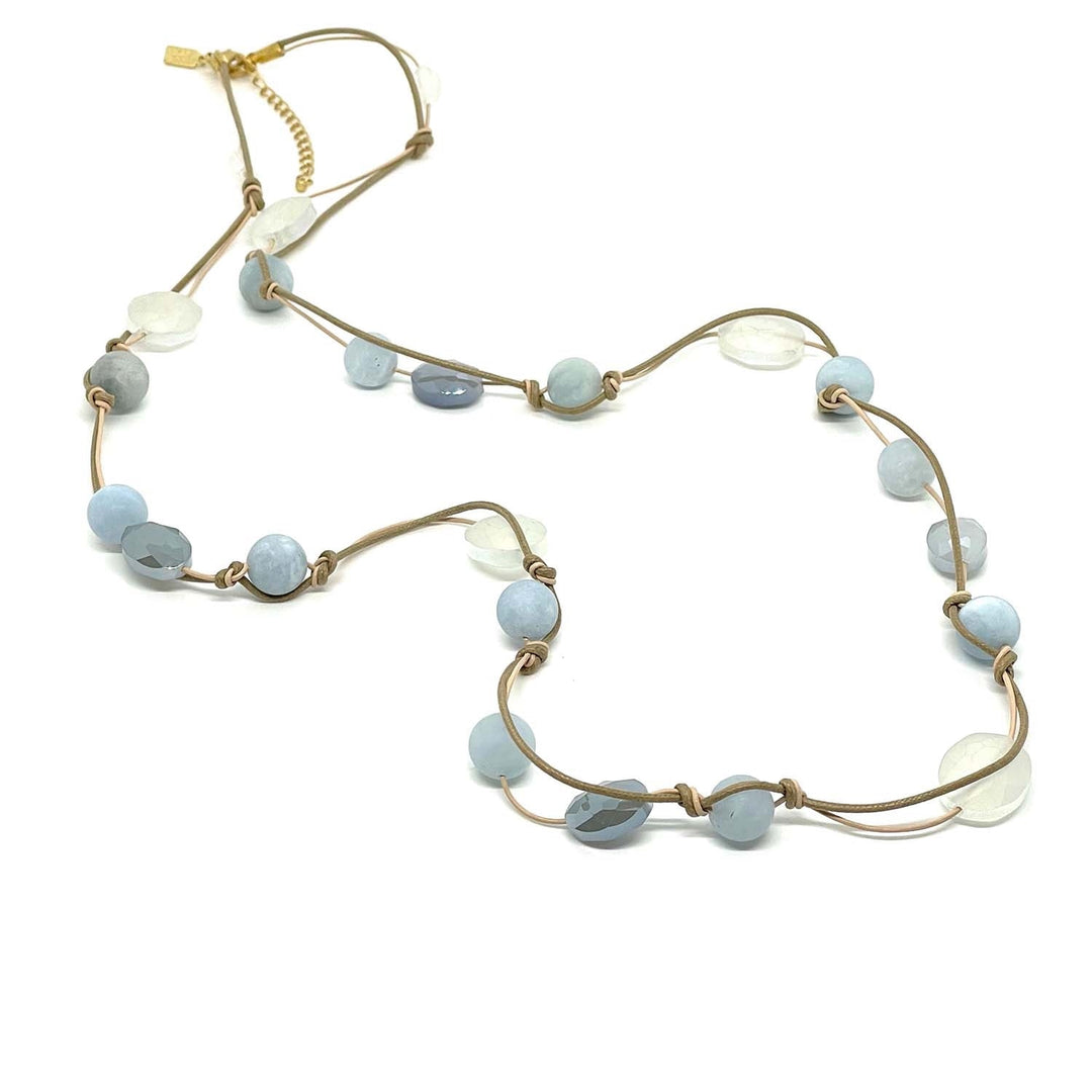 Matte Aquamarine Matte Crystal Natural Waxed Linen And Putty Leather Layer Necklace
