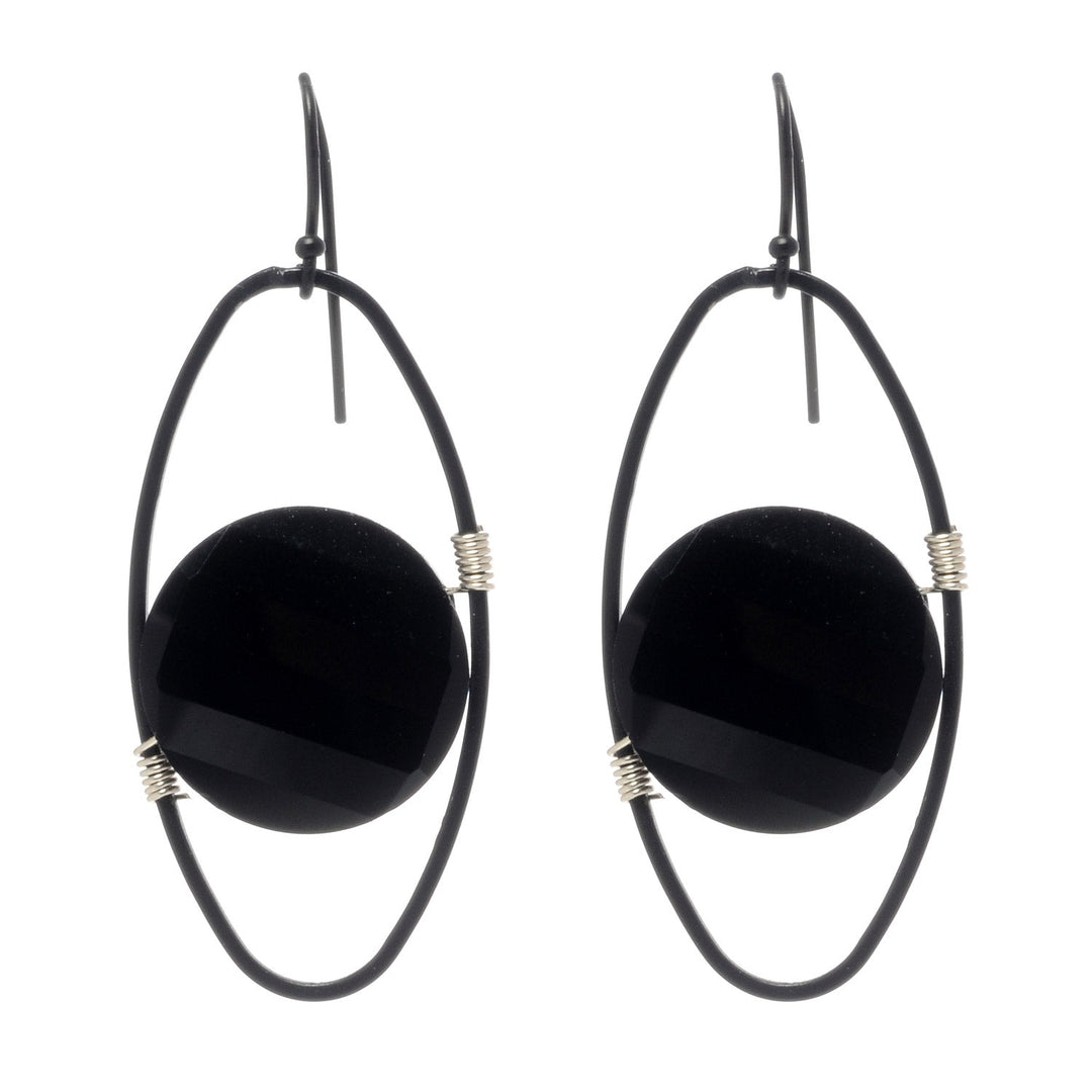 Black Coin Crystal And Matte Black Oval Earrings