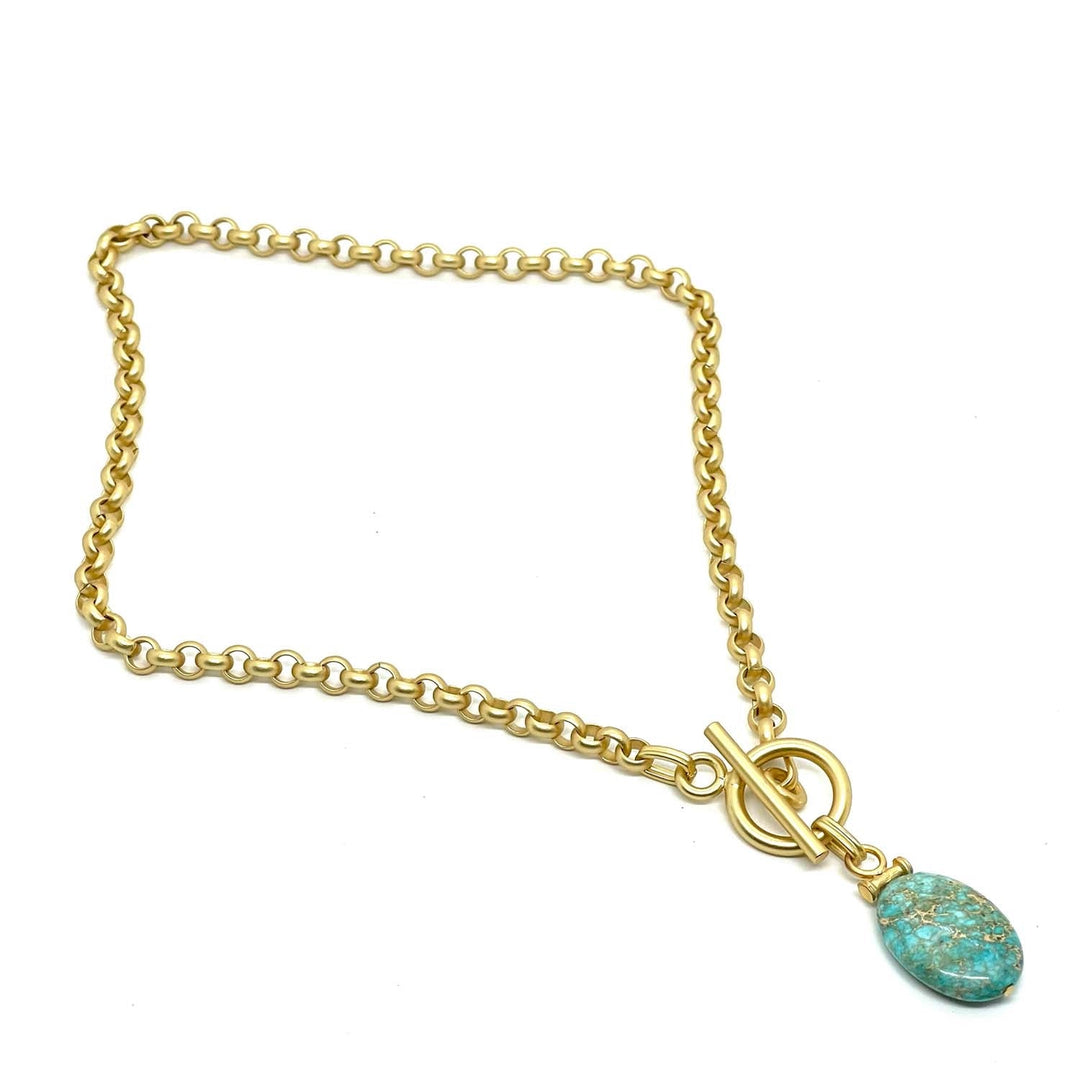 Turquoise Aqua Terra Jasper Bar Pendant Matte Gold Rolo Chain Necklace