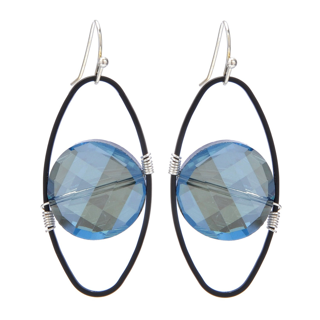 Blue Crystal Oval On Matte Black Earrings